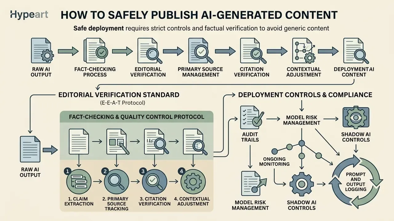 Diagram detailing a multi-step editorial verification standard and compliance protocol for content