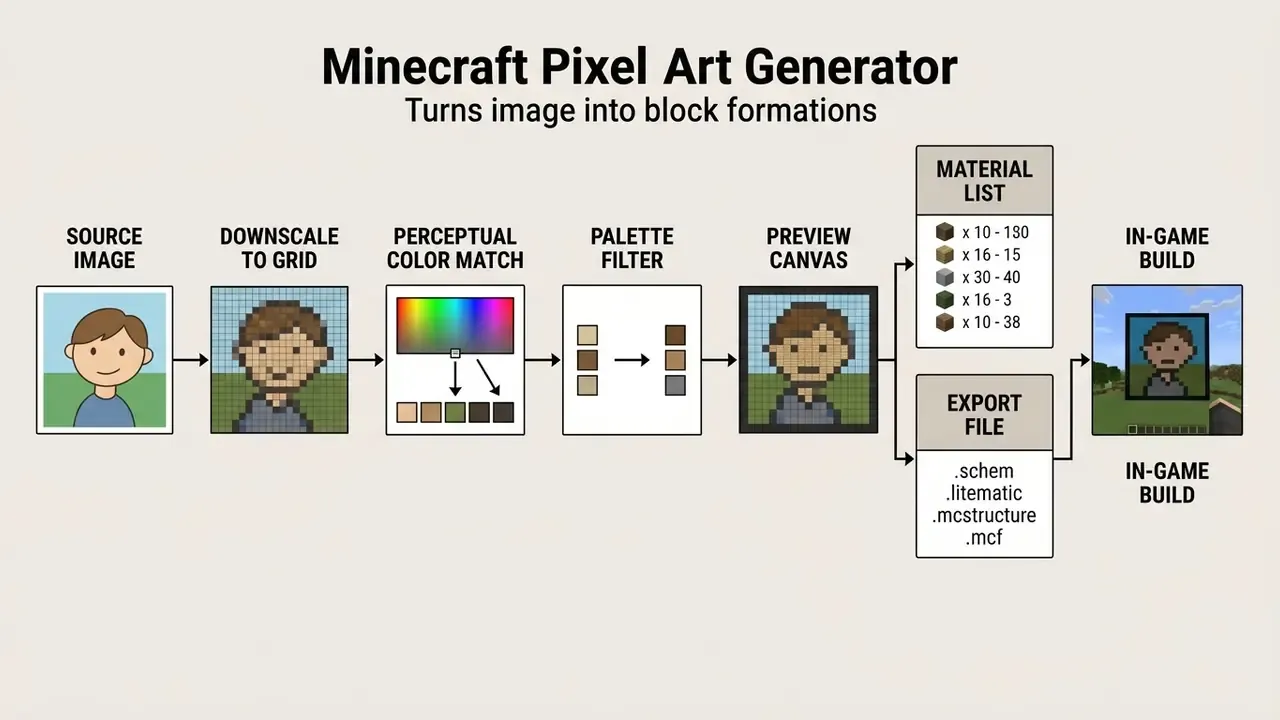 Step-by-step diagram showing how a Minecraft pixel art generator processes images into block builds