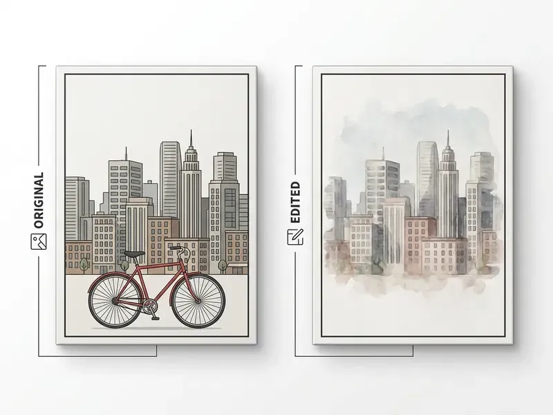 Side by side comparison of a city illustration with a bicycle and the same scene in watercolor style
