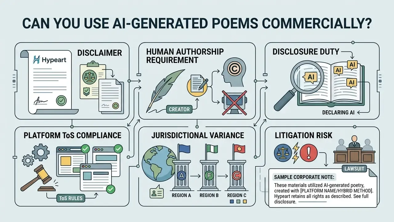 Six panels outlining legal considerations for commercial use of machine-written poetry