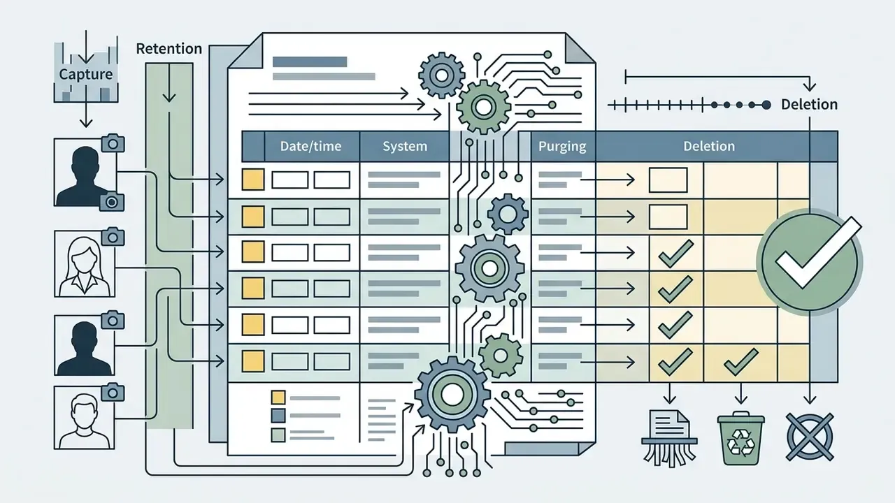 Data table tracking client image capture, system processing, and deletion status with gear icons