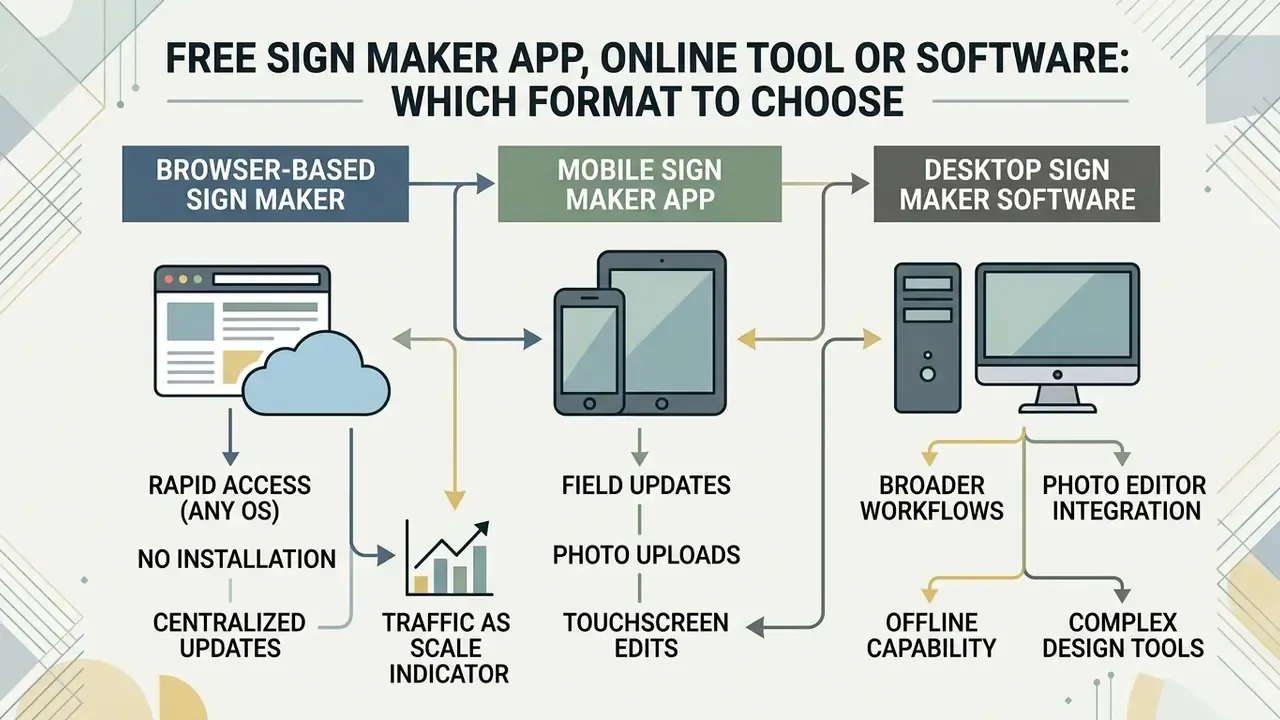 Comparison diagram of browser tools, mobile apps, and desktop software for sign design and editing