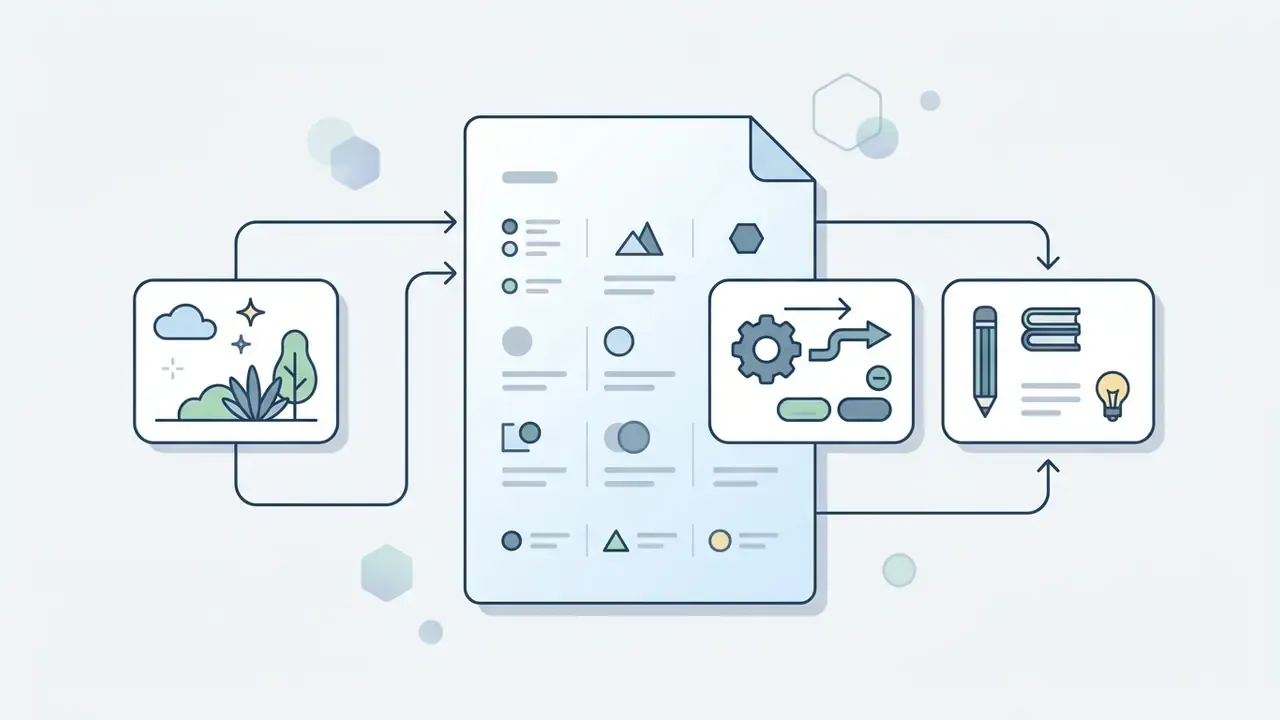 Central document icon connected by arrows to graphic, gear, and writing tool symbols in a linear workflow