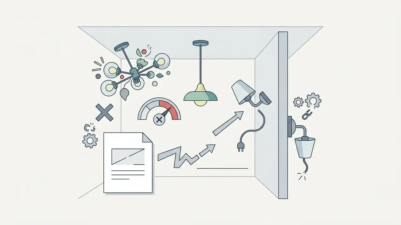 Room interior with floating light fixtures, a document, and a gauge indicating structural design errors