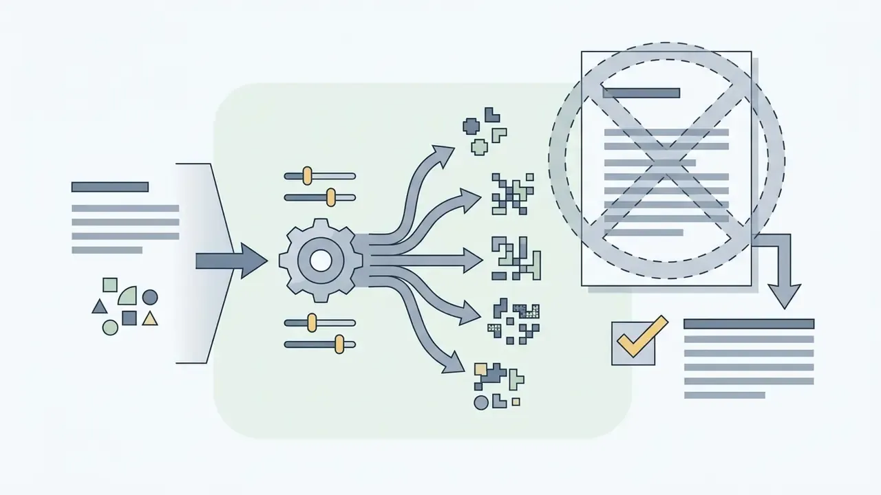 Data inputs feeding a gear processor that outputs varied patterns and bypasses a rejected document