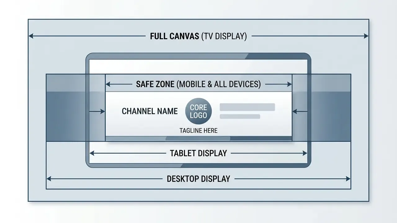Diagram showing YouTube banner dimensions for TV, desktop, tablet, and mobile safe zones