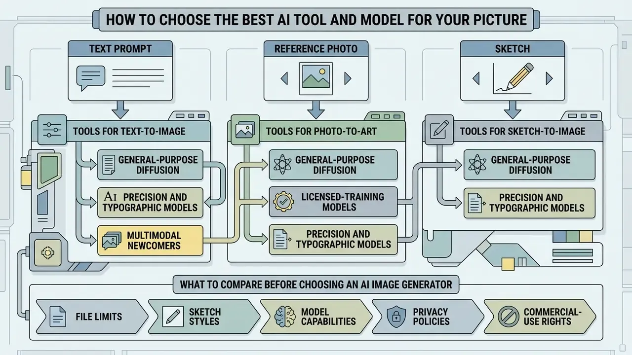 Flowchart mapping input types to specific AI model categories and key comparison factors for image generation