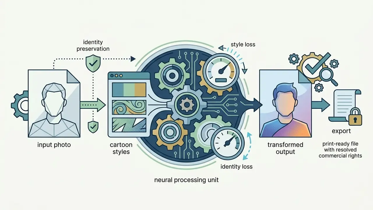Neural processing unit transforming an input photo into a stylized portrait with identity preservation