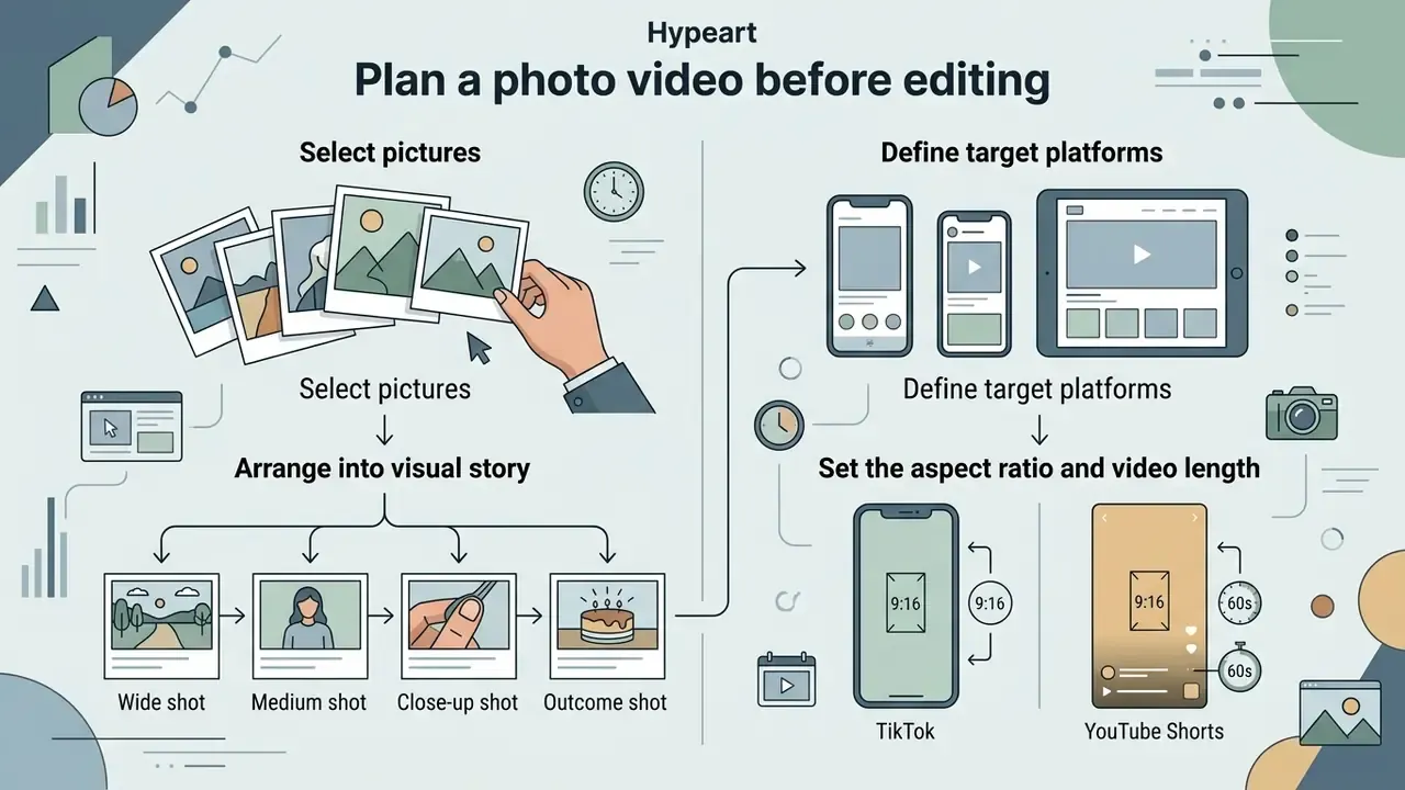 Infographic showing steps to select photos, arrange a visual story, and set aspect ratios for social media