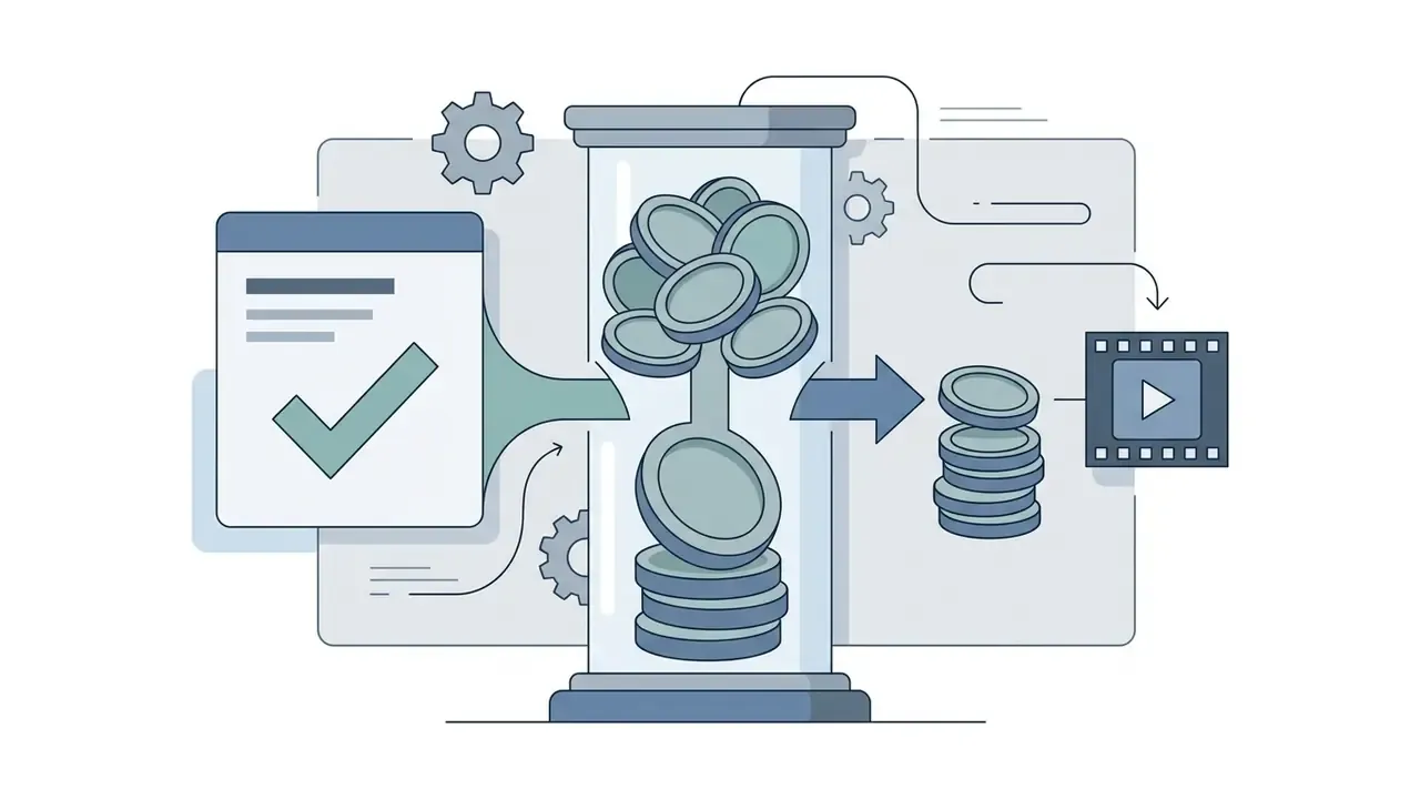 Checkmark document feeding coins into a central glass cylinder that releases credits for video generation