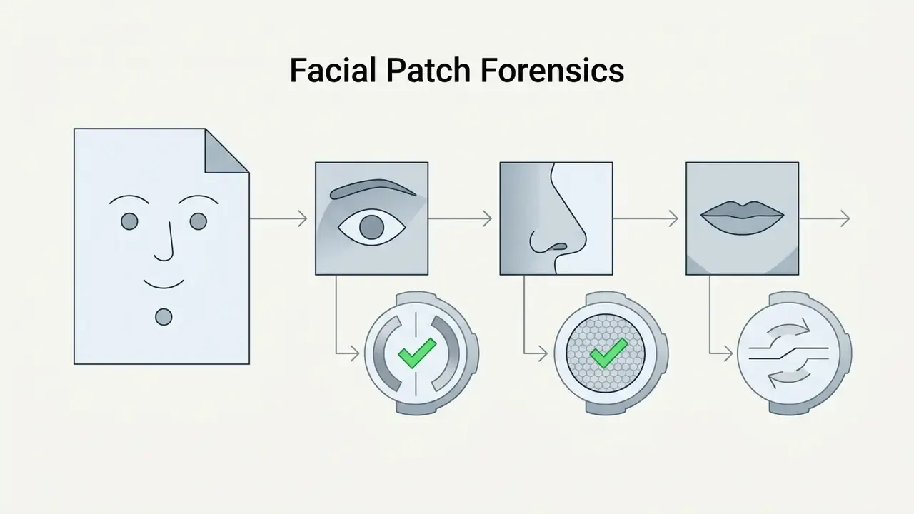 Sequential analysis of eye, nose, and mouth facial patches using gauges to check for AI generated artifacts