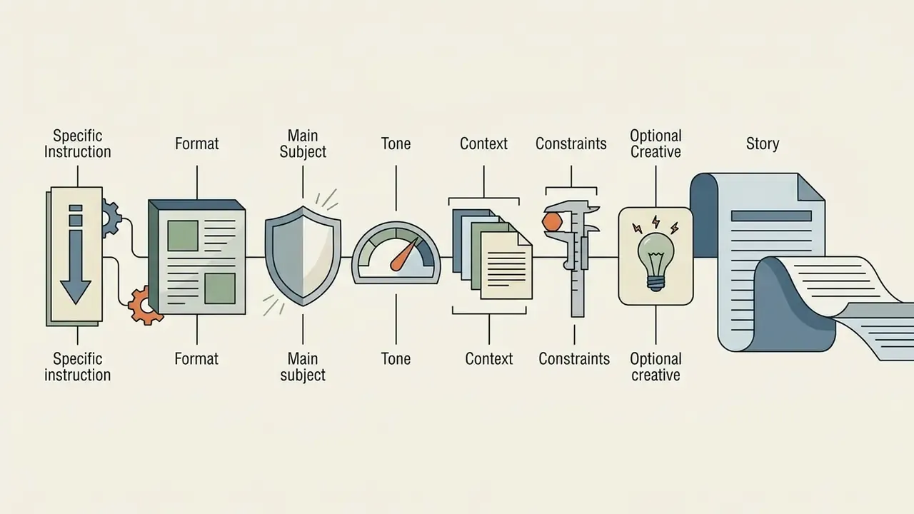 Linear sequence of icons representing prompt components like format, tone, and constraints leading to a story