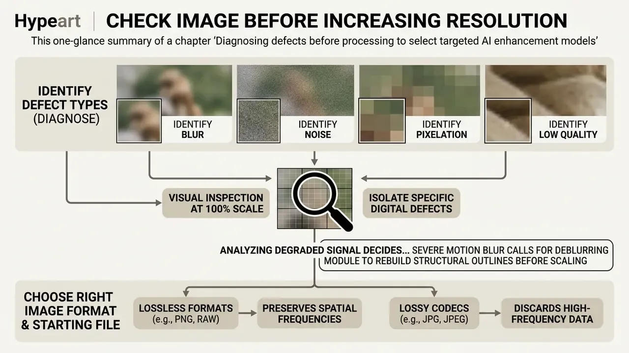 Flowchart showing how to diagnose image defects like blur and noise before choosing a file format