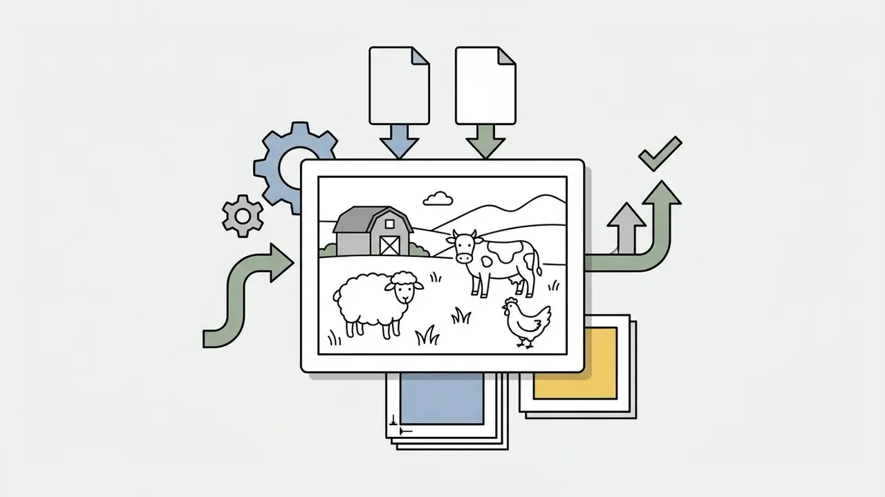 Farm animal coloring page being processed with document icons, gears, and export arrows