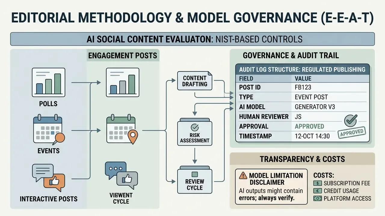 Workflow diagram showing NIST-based controls for AI Facebook post generator audit logs and cost structures