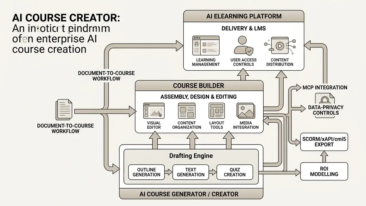 Diagram showing the workflow between an AI drafting engine, course builder, and delivery platform