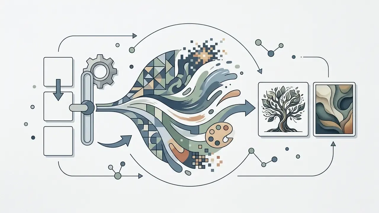 Input boxes feeding a creative stream that transforms into artistic images and abstract patterns