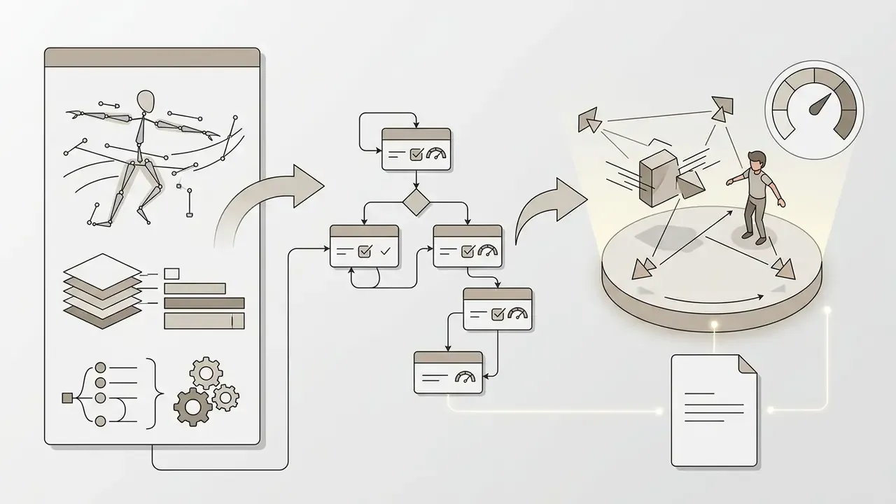 Rigged character model transitioning through a logic state machine into an interactive game environment