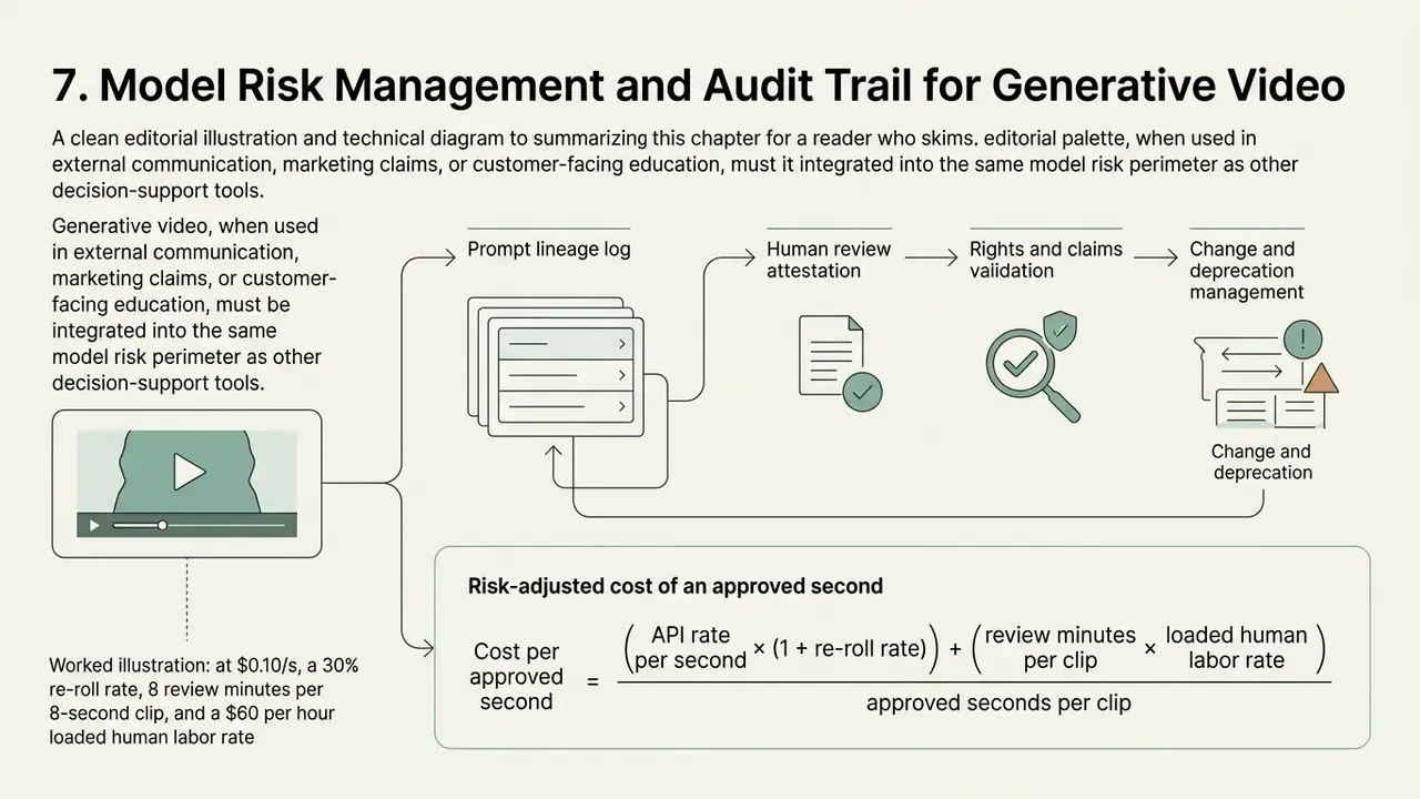 Workflow showing audit trails and a cost calculation formula for generative video model risk management