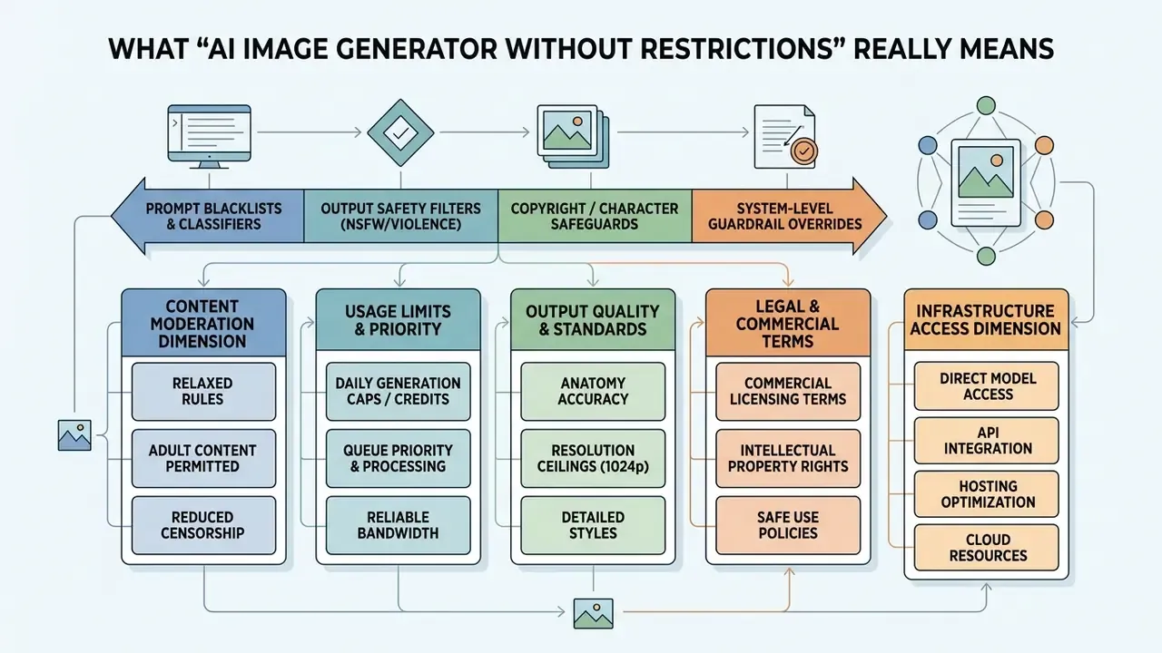 Flowchart detailing the technical and policy dimensions of unrestricted AI image generation systems