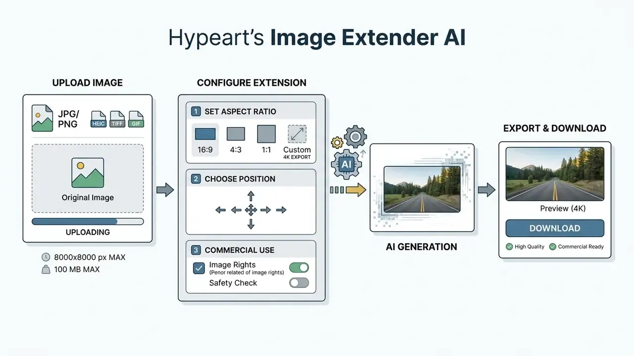 Step-by-step diagram showing the process of using an Image Extender AI to upload, configure, and export