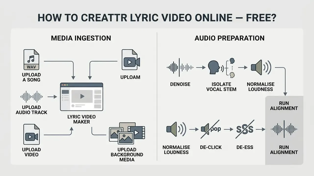 Step-by-step workflow showing media ingestion and audio preparation stages for a free lyric video maker