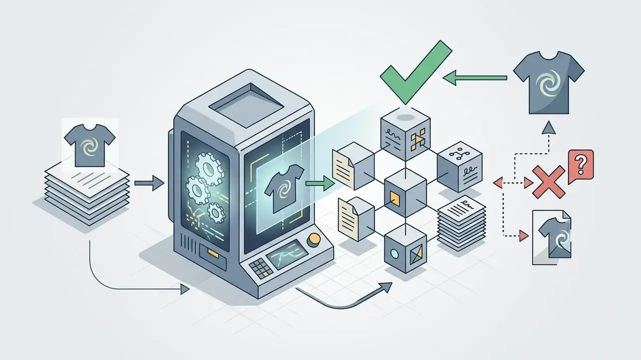 T-shirt designs passing through a machine into a network of blocks for validation and final output