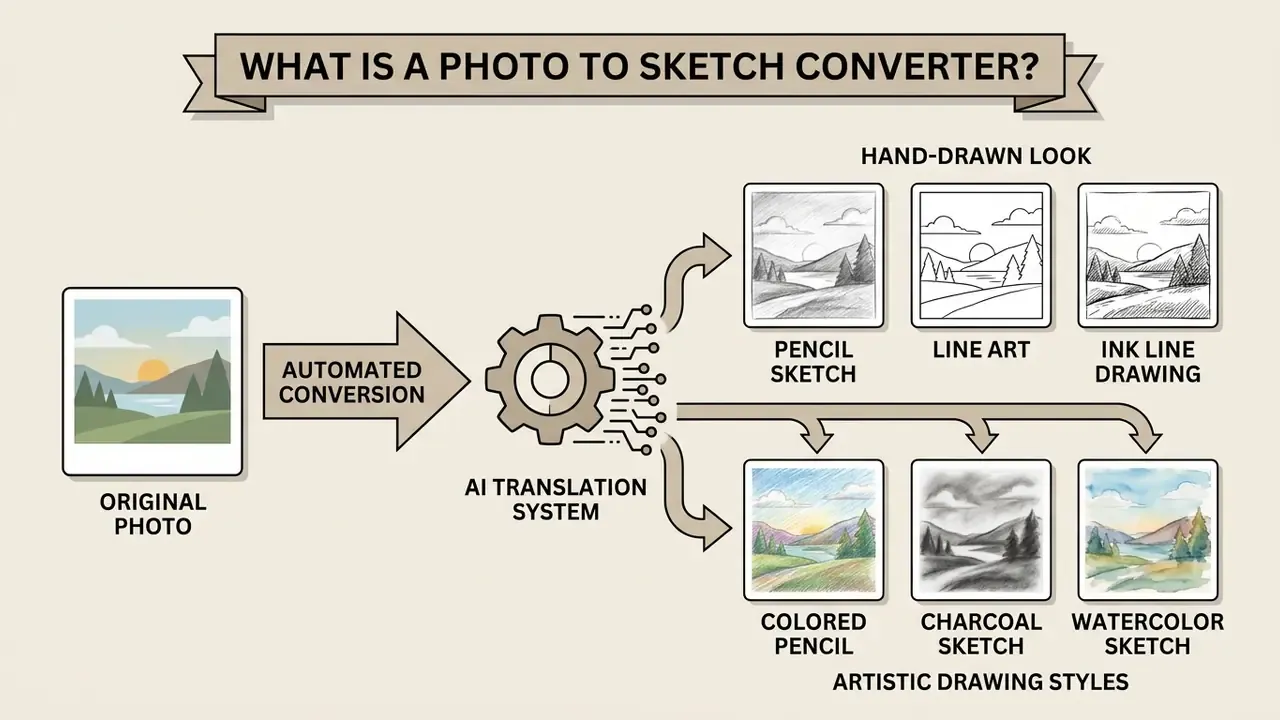 Diagram showing an AI system transforming an original photo into various pencil and artistic sketch styles