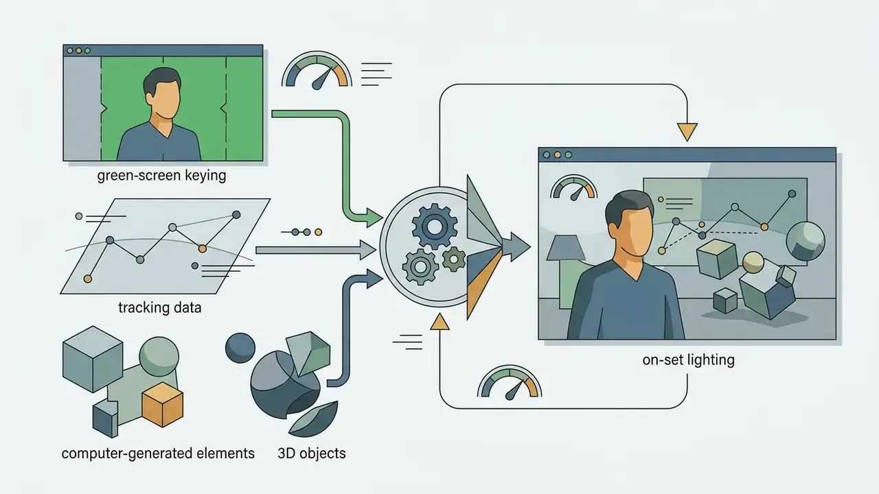 Visual representation of integrating green screen footage, tracking data, and 3D elements into a final scene