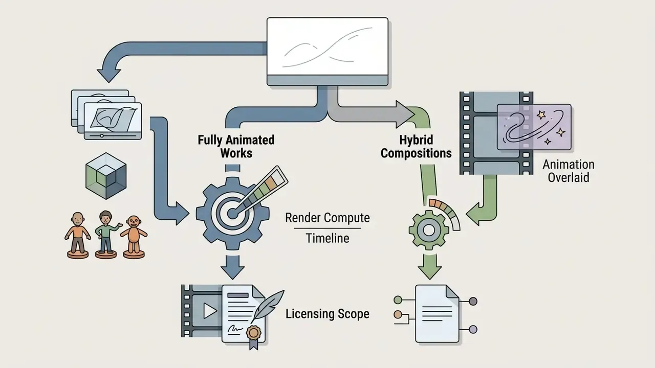 Decision tree branching into fully animated and hybrid paths to determine render compute and licensing scope