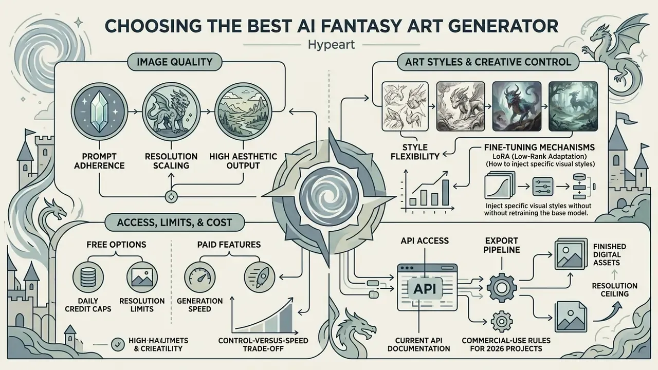 Flowchart outlining criteria for selecting an AI fantasy art generator including quality and API access