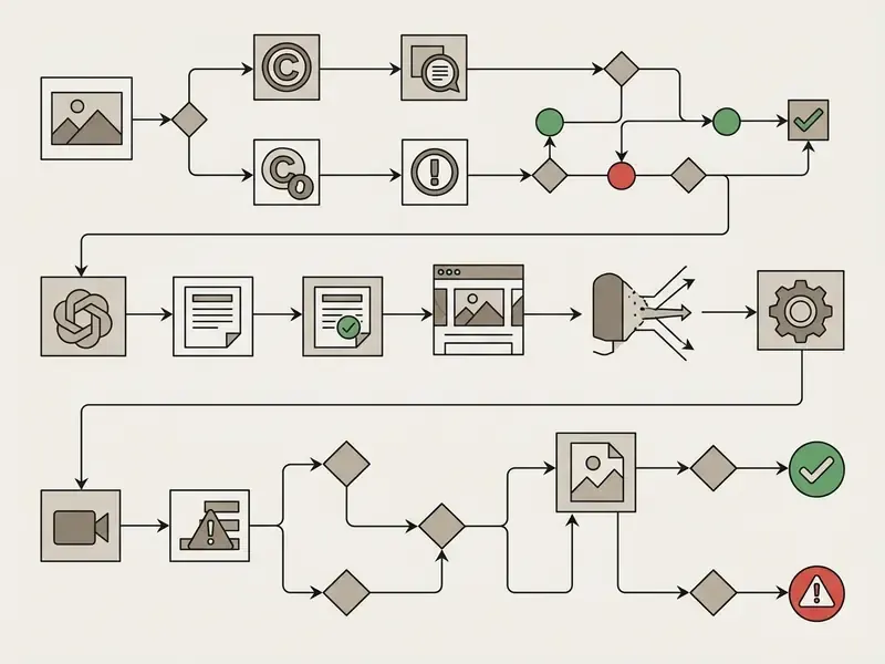 Decision tree flowchart for verifying copyright and license terms before commercial asset deployment