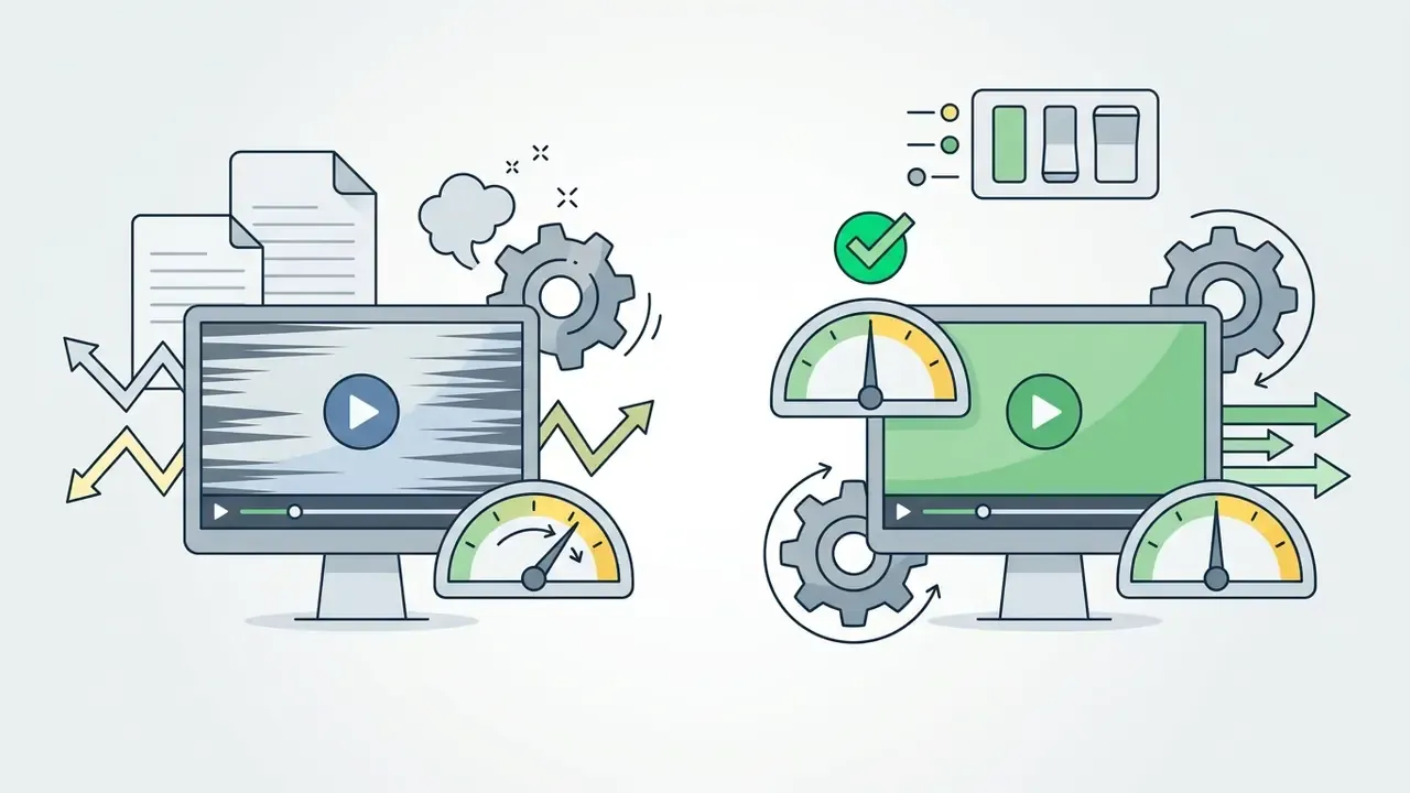 Two monitors showing video playback with speedometers and gears representing unstable versus stable lighting