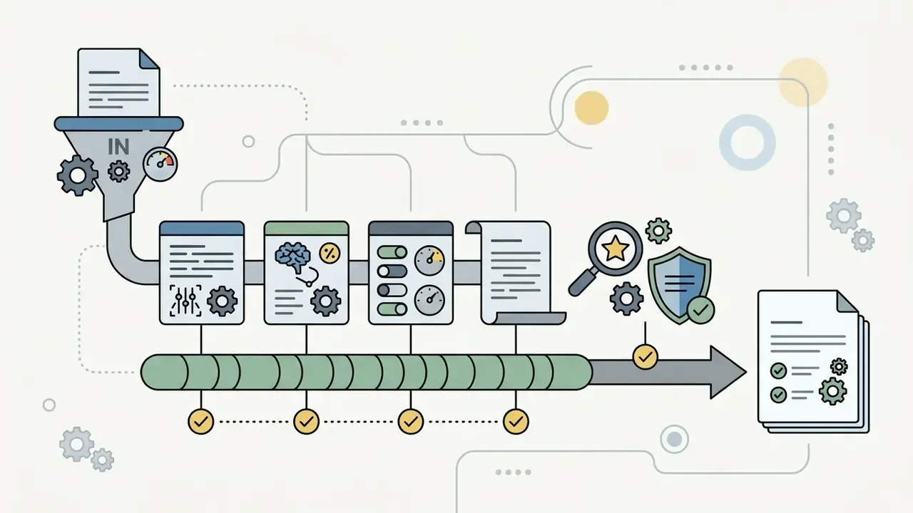 Document entering a funnel and processing modules to reach a final validated and checked report