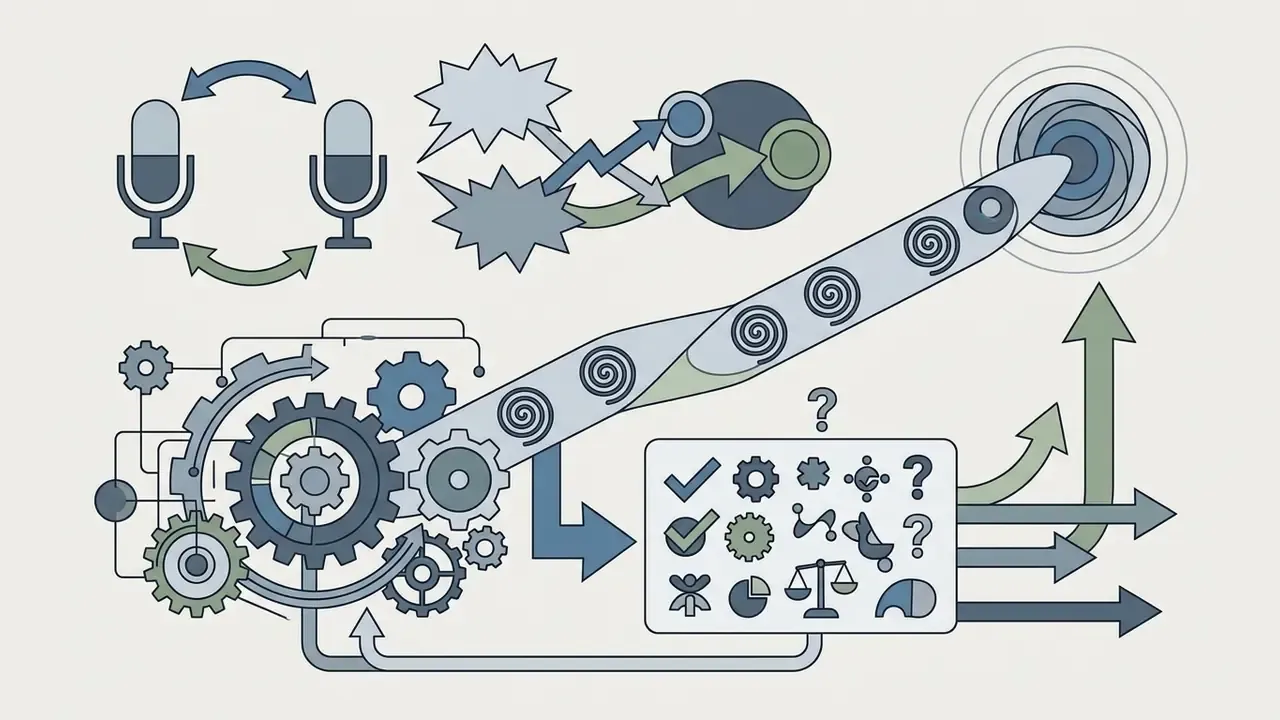 Two microphones and speech bubbles connected to a gear mechanism analyzing debate and logic concepts