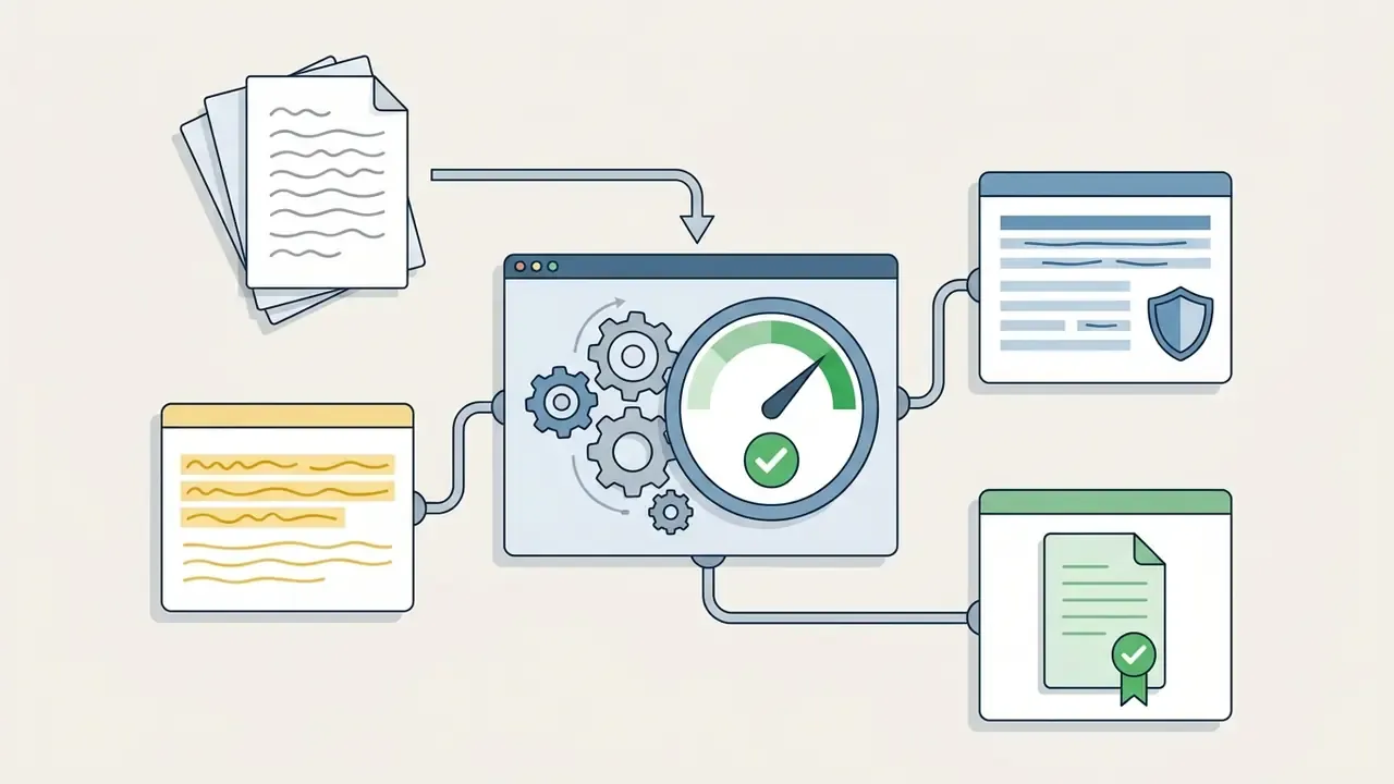 Stack of documents feeding into a gear and gauge system to produce checked and approved output files