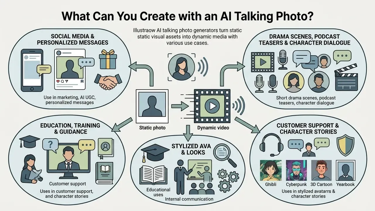 Diagram showing various use cases for animated portraits including social media, drama, and stylized avatars