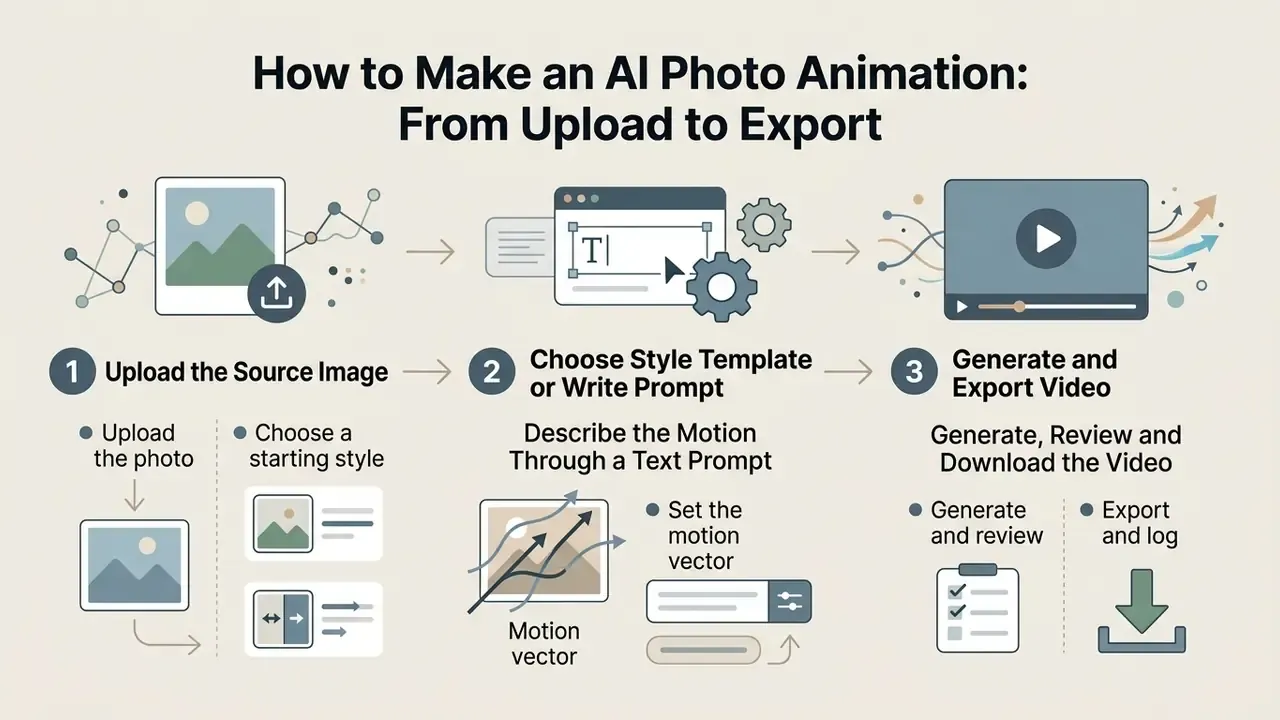Three step process diagram showing image uploading, motion prompt configuration, and video file export