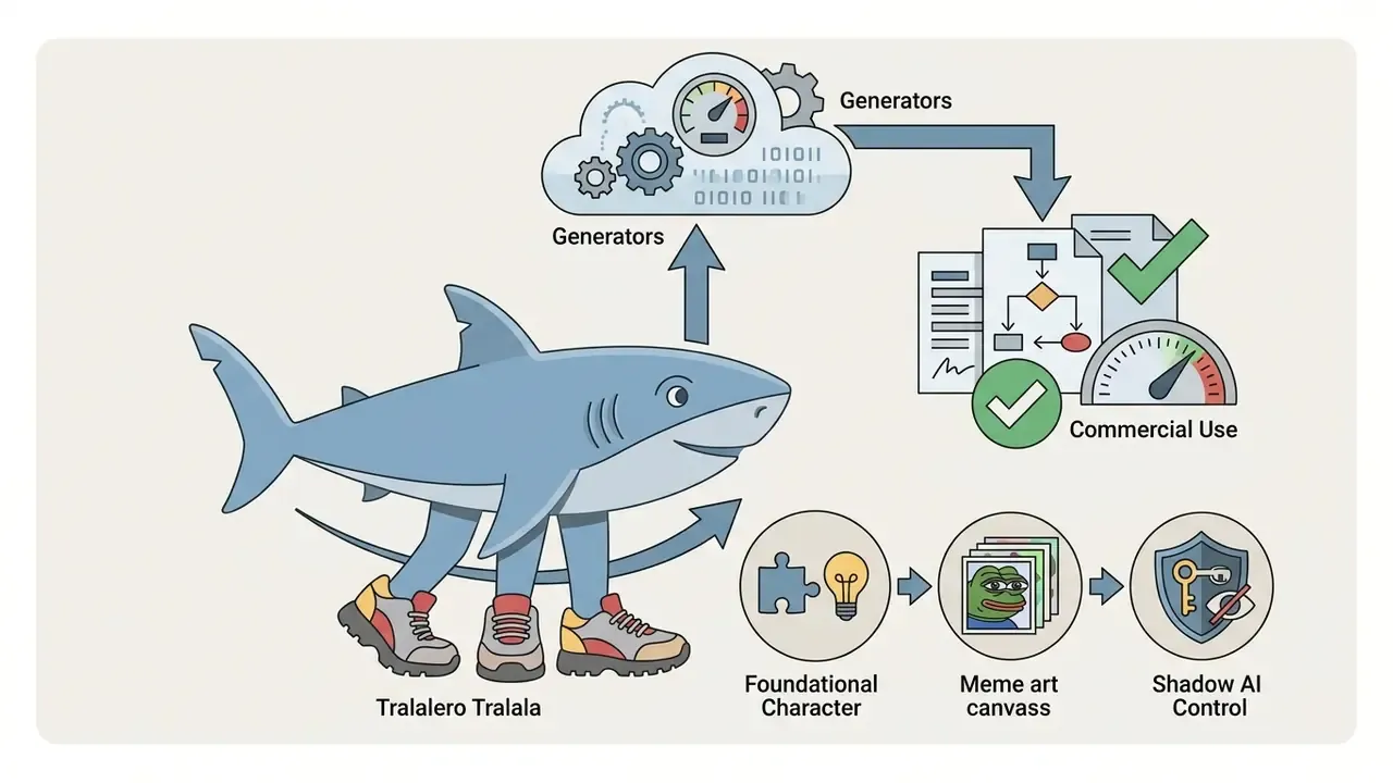 Three-legged blue shark in sneakers connected to AI generation icons and commercial workflow symbols
