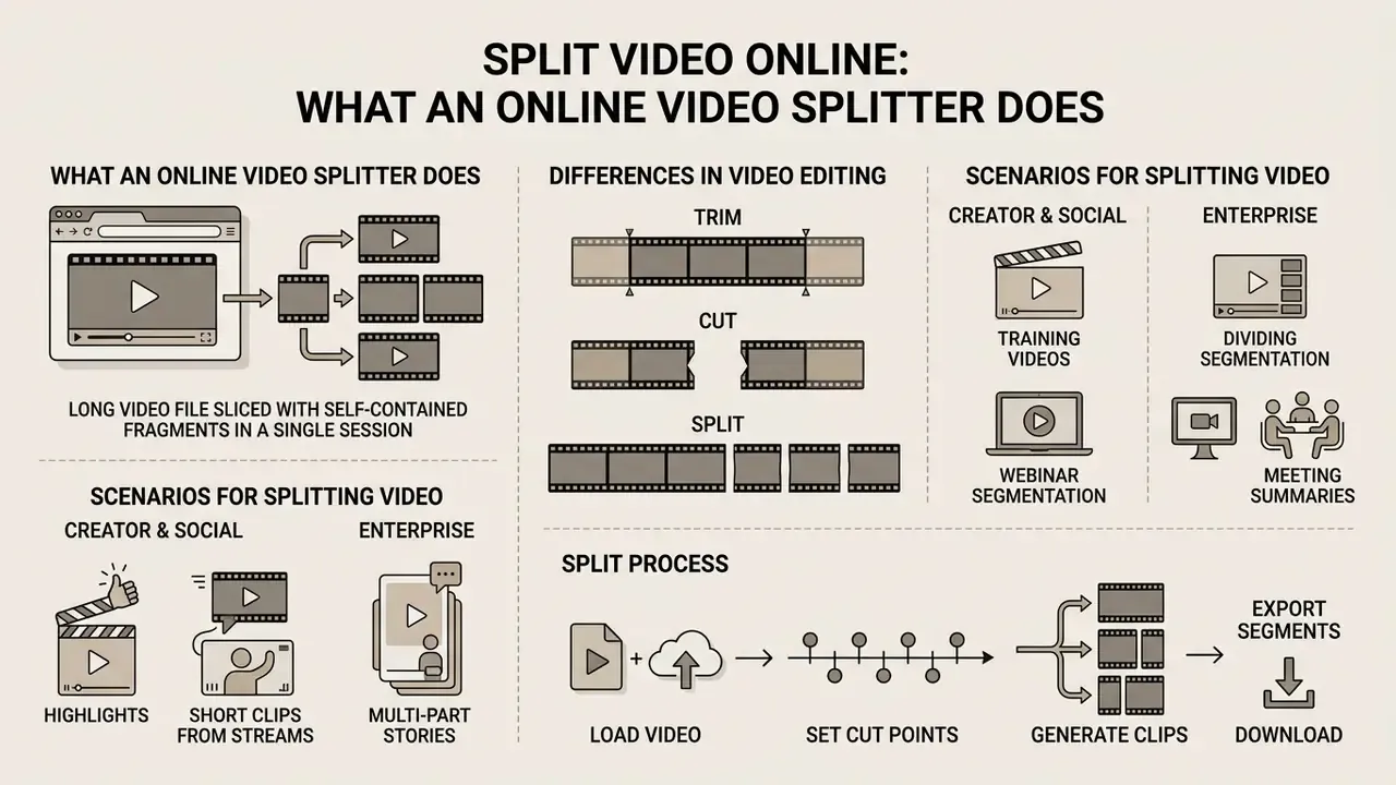 Infographic detailing the workflow, editing differences, and use cases for a browser-based video splitter
