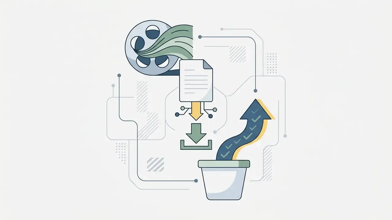 Film reel and document icons feeding into a download arrow toward a storage bucket with an upward arrow
