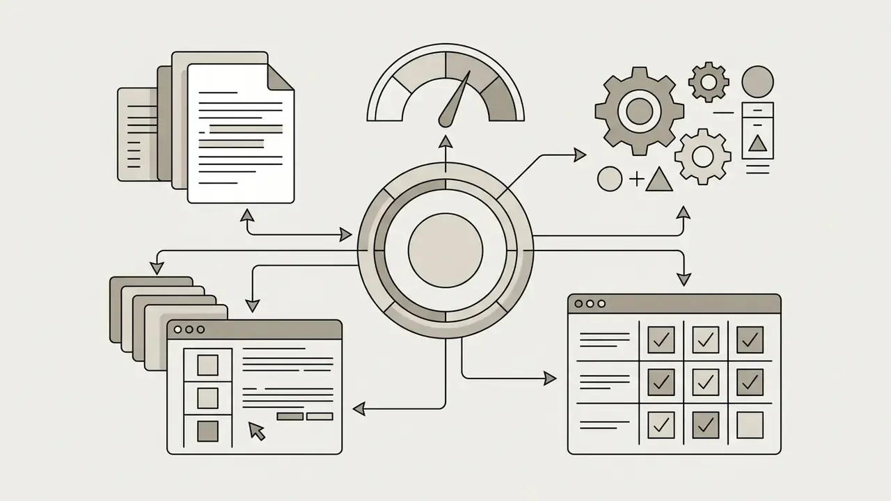 Central hub connecting document stacks, browser windows, gear mechanisms, and a checklist report