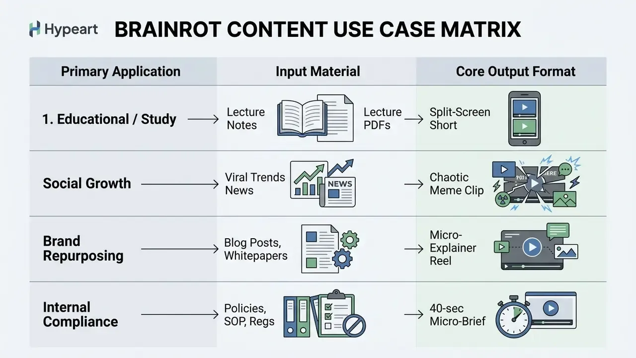 Table mapping four content applications to their source materials and resulting video output formats