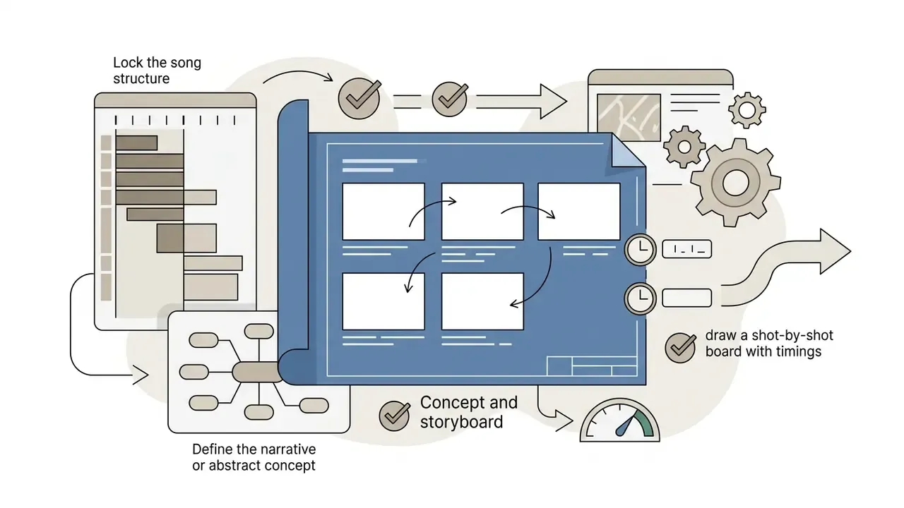 Visual representation of song structure, narrative mapping, and storyboard frames with timing markers
