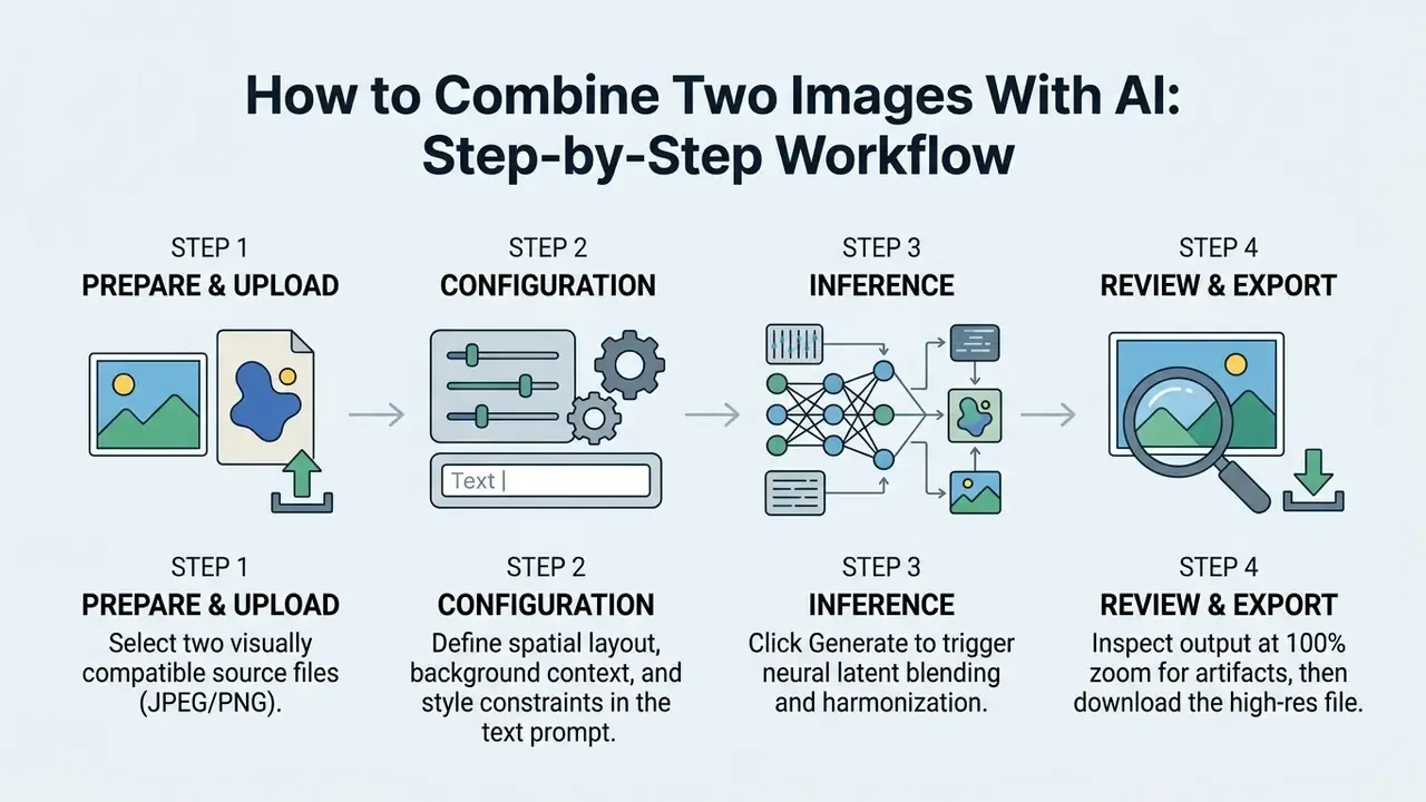 Four sequential steps showing the process of uploading, configuring, generating, and exporting AI images