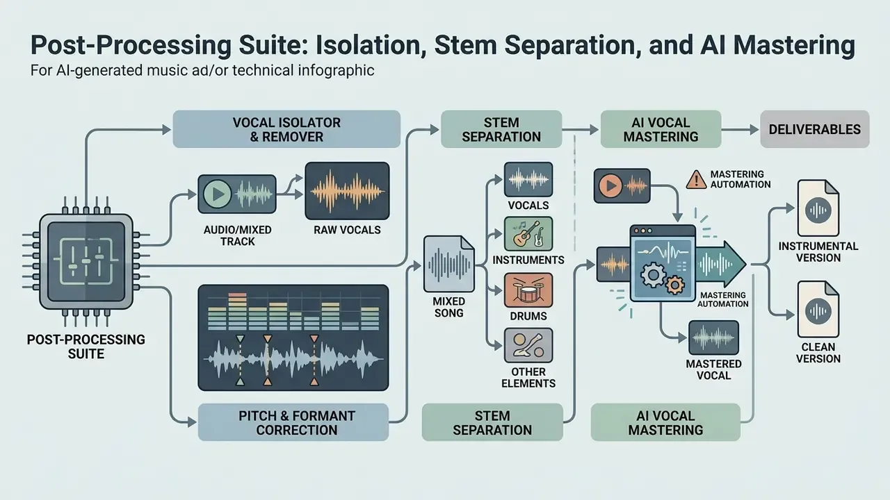 Flowchart showing vocal isolation, stem separation, and AI mastering steps for audio production