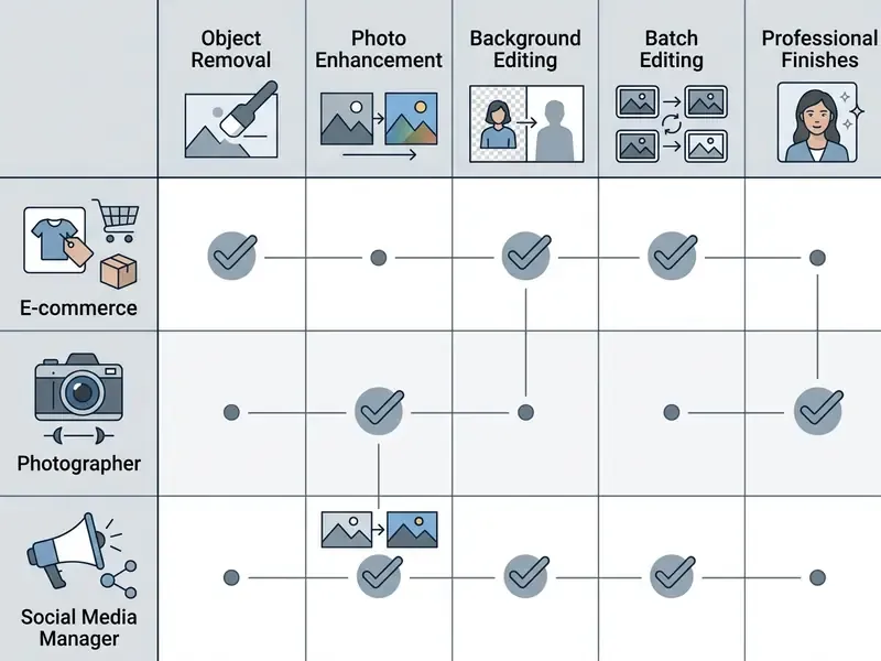Matrix mapping professional roles like photographers and e-commerce to specific image editing features