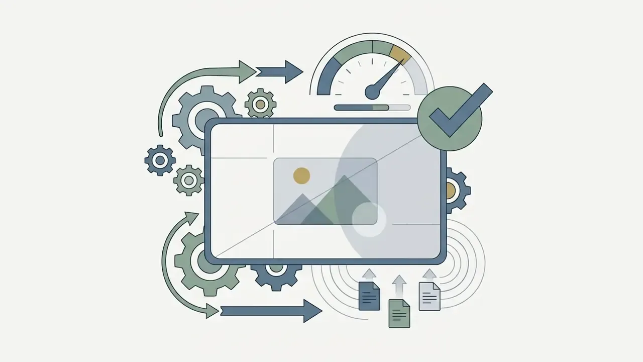 Central tablet screen surrounded by gears, a speedometer, documents, and a green checkmark icon