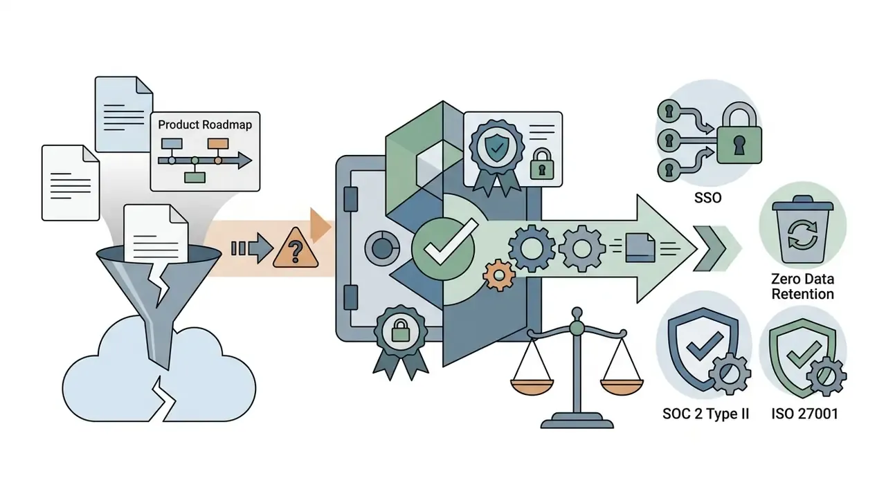 Documents flowing through a funnel into a secure vault with enterprise compliance and security icons