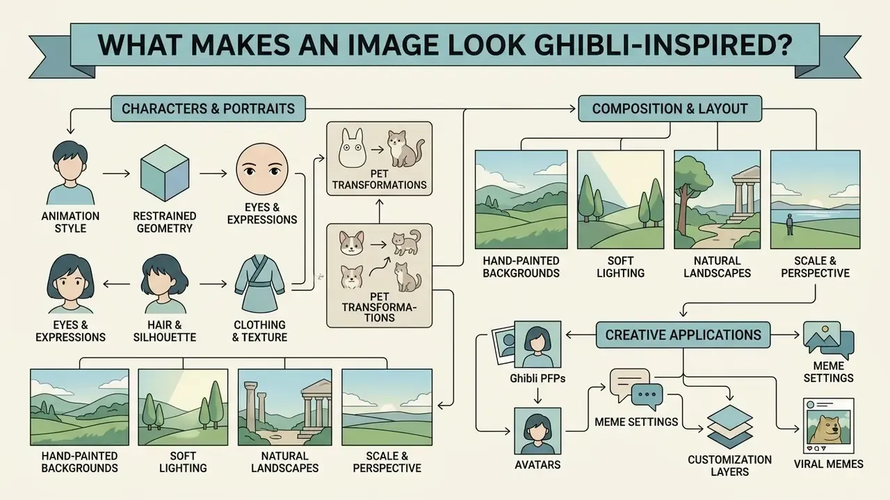 Diagram detailing key visual elements like character geometry, background techniques, and creative applications